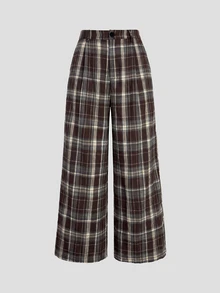 Sweetra Plus Size Autumn/Winter Casual Chocolate Brown Plaid Wide Leg Pants Fall Formal Office - Brown - View 1