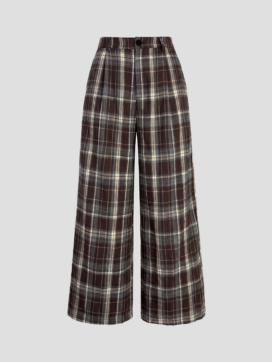 Sweetra Plus Size Autumn/Winter Casual Chocolate Brown Plaid Wide Leg Pants Fall Formal Office - Brown - View 1