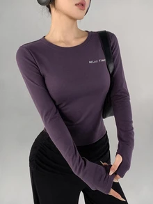 DAZY Women's All-Season Purple Letter Print Fitted Cropped Thumbhole Long Sleeve Fitness Base Layer Casual Streetwear Sports T-Shirt - Purple - View 1
