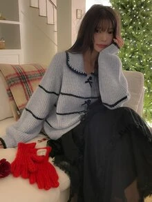 DAZY Women's Colorblock Patchwork Lapel Casual Loose Sweater Fall - Baby Blue - View 6