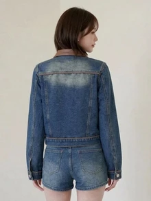 FRIFUL Women's Fashion Bow Decor Button Denim Jacket - Blue - View 4