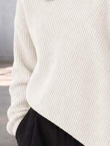Autumn/Winter Girls' Design Pullover Sweater, Loose Fit Lapel 2 In 1 Asymmetrical Hem Grey Knit Top - White - View 7