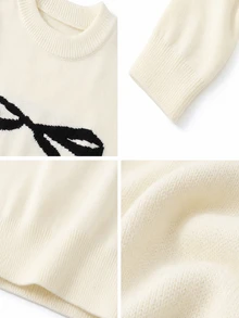 Genkimix Kids Setelan Rajut Atasan Lengan Panjang Motif Pita dan Rok Mini Lipit Kotak-kotak untuk Sekolah Formal, Warna Krem, Lucu untuk Anak Perempuan Remaja. - Aprikot - View 3