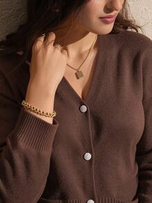Juhart Plus Size Women Solid Color V-Neck Long Sleeve Single-Breasted Knit Cardigan - Coffee Brown - View 5