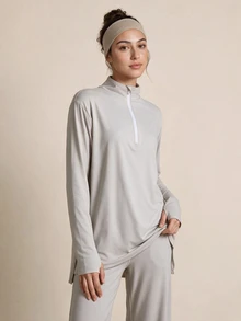 SHEIN With My Calm Women's Solid Color Stand Collar Casual Daily Travel Sports T-Shirt - Light Grey - View 1
