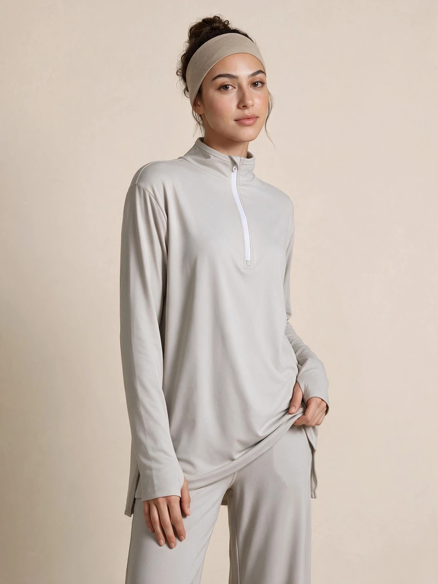 SHEIN With My Calm Women's Solid Color Stand Collar Casual Daily Travel Sports T-Shirt - Light Grey - View 1