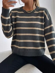 Sprig & Strand 女款條紋圓領落肩長袖休閒針織套頭毛衣，秋冬款 - 深灰色 - 查看 1