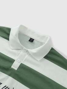 ROMWE MEN Street Life Men's Striped Colorblock Long Sleeve Polo Shirt For Daily Wear - Green - View 5