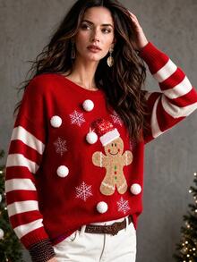 Linavere Women's Christmas Deer Red Striped Drop Shoulder Long Sleeve Sweater - Red - View 5