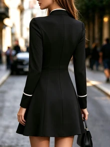 Breezaya فستان نسائي أنيق بأكمام طويلة وياقة على شكل حرف V مع تصميم الحواف والأزرار - الأسود - مشاهدة 2