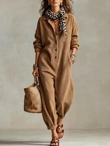 Breezaya Women's Solid Color Collared Button Pocket Design Elegant Casual Vacation Daily Easy-To-Match Long Sleeve Jumpsuit, New For Autumn, Winter, Spring - Brown - View 3