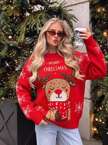 SHEIN EZwear 2026 聖誕秋冬新款拼色提花鹿紋紅白色套頭毛衣（聖誕新年風），適合聖誕節、秋冬、日常通勤、約會、派對、秋冬季節、聖誕派對 - 彩色 - 查看 6