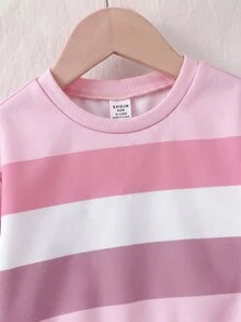 SHEIN 女童粉色條紋長袖運動衫配花朵裝飾與牛仔褲休閒兩件套 - 彩色 - 查看 3
