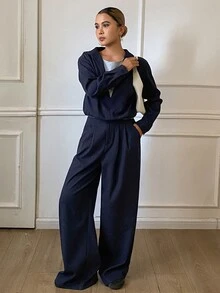 Livesso Setelan Dua Potong Atasan dan Celana Panjang Longgar Motif Blok Warna untuk Wanita (2 in 1) - Navy Blue - View 4