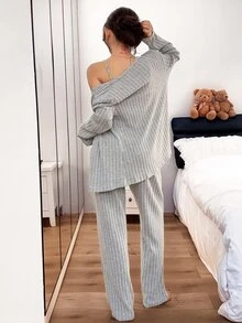 Napfluff Minimalist Elegant Vertical Striped Knit Pajama 3 Pieces Set, Comfortable Skin-Friendly Home Wear Cardigan Set - Grey - View 2
