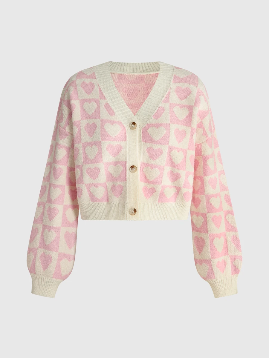 ROMWE Kawaii Dark Gothic Cherry Skull Embroidered Contrast Color Short Loose Knit Cardigan - Pink - View 1