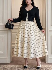Vibekara Plus Size Elegant Vintage Chiffon Polka Dot Shirt And Long Skirt Set Fall - Apricot - View 7