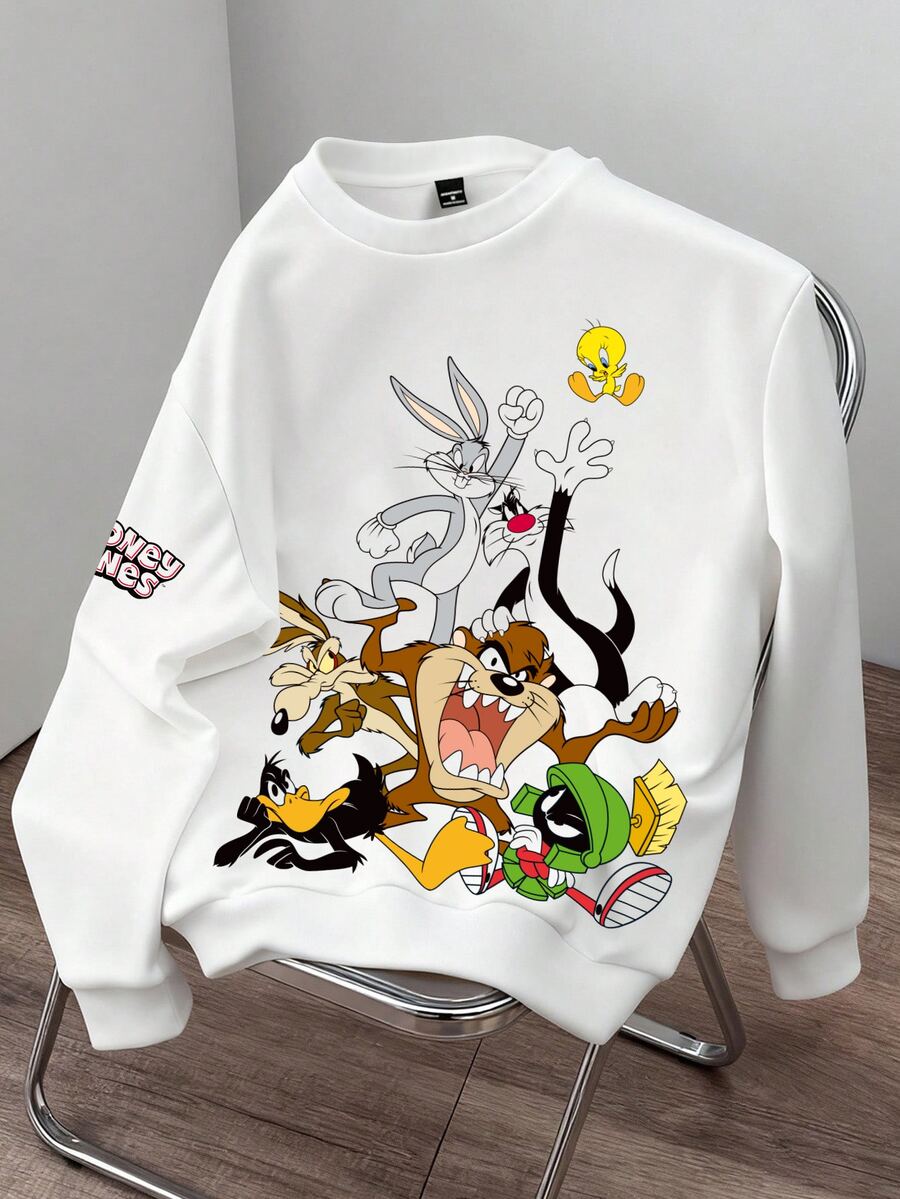 LOONEY TUNES X SHEIN Daypath 男士極簡卡通圖案印花長袖運動衫 - 白色 - 查看 1