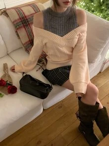 DAZY Women's Elegant Faux Two-Piece Korean Style Long Sleeve Autumn/Winter Sweater - Apricot - View 5