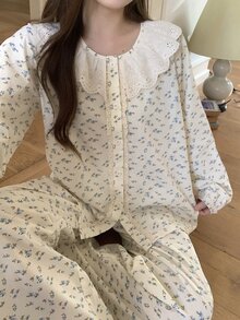 DAZY Women's Ditsy Floral Long Sleeve Single-Breasted Top And Pants Loungewear Set - Beige - View 15