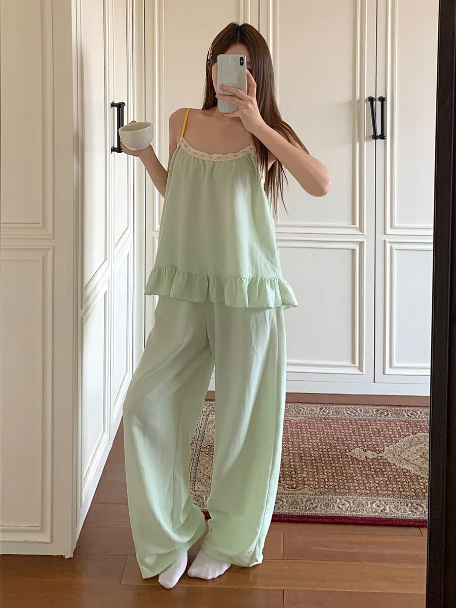 DAZY Women's Contrast Lace Ruffle Hem Camisole Top And Long Pants Pajama Set - Green - View 1