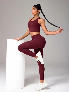 StreetHx Cropped Tank Top And Pocket Leggings Sports Set - Burgundy - View 6