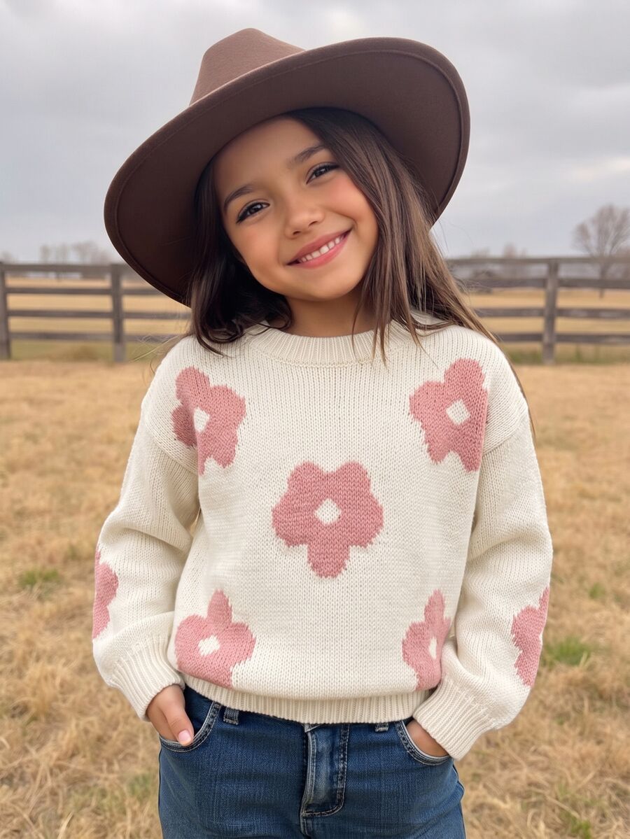 SHEIN Emery Rose Kids 女童碎花休閒毛衣 秋冬款 - 白色 - 查看 1