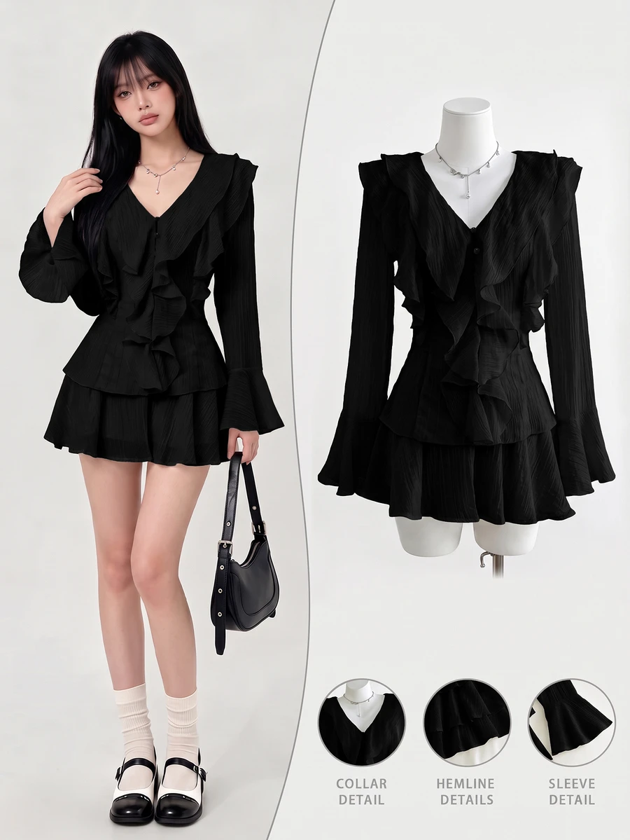 Elamini 2pcs/Set Apricot Winter Commuter Daily Waist Cinched Ruffle V ...