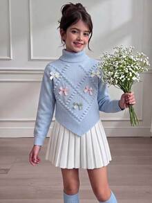 Sweater Lengan Panjang Motif Pita Jacquard Manis untuk Anak Perempuan Remaja - Biru - View 6