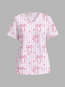 PopScrub Casual Minimalist Scrub Uniform Top Striped Bow Cute Loose V-Neck Short Sleeve Pocket Top - Multicolor - View 1