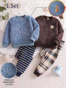 2pcs/Set Boys Dinosaur Embroidered Warm Soft Skin-Friendly Fleece Long Sleeve & Long Pants Pajamas Set - Baby Blue - View 1