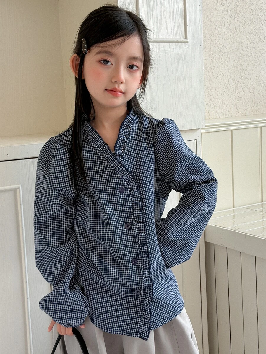 Dazy Kids Tween Girl Plaid Ruffle Trim Button-Up Shirt - Blue - View 1