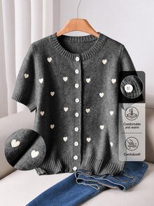 CosyJoli 大尺碼女款愛心刺繡圓領短袖單排扣休閒可愛仙氣針織開襟衫 秋季 正式約會之夜派對 米色 冬季 - 灰色 - 查看 1