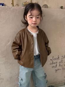 DAZY 幼女休閒純色韓風春秋外套 - 咖啡棕 - 查看 4