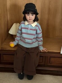 DAZY Sweater Lengan Panjang Gaya Korea Bergaris Kasual Warna Kontras untuk Bayi/Balita (Perempuan) - Baby Blue - View 1