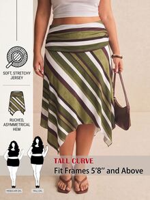 SHEIN Tall CURVE 大尺碼夏季休閒拼色條紋不對稱下擺裙 秋季 - 彩色 - 查看 1