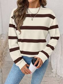 SHEIN LUNE Sweatshirt Lengan Panjang Wanita Bergaris Kasual Serbaguna untuk Pemakaian Sehari-hari - Putih - View 6