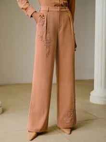 ZEYLAH Women's Embroidered Beaded Tube Pocket Suit Pants For Office - Khaki - View 4