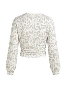 Light Leopard Print, Teen Girls Fall/Winter Back To Basic Solid Color Pleated Asymmetrical Neck Long Sleeve Pullover - Multicolor - View 3