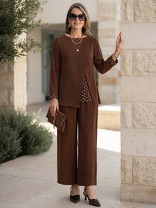 Miaspire Middle-Aged Women Polka Dot Print Patchwork Top And Pants Set - Brown - View 4