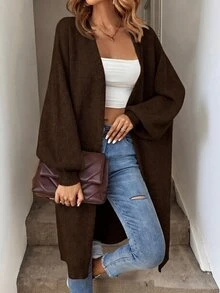 SHEIN Tall CURVE Plus Size Drop Shoulder Ribbed Knit Duster Cardigan,Long Sleeve Tops For Women Curve Tall In Fall/Winter - Coffee Brown - View 8