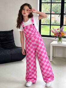 SHEIN Tween Girls Fleece Fall Clothes Autumn/Winter Ribbed Corduroy Adjustable Buckle Elastic Waist Jumpsu - Pink - View 4