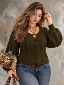 Ceyna Plus Size Vintage Cable Knit Button Long Sleeve Sweater - Green - View 4