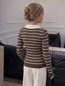 Hapijoa Polo Collar Fitted Long Sleeve Basic Top Autumn/Winter Girls (Large) Knitted Top - Brown - View 6