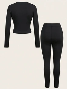 SHEIN Essnce Casual Minimalist Knit Women's Long Sleeve Fitted 2 Pieces Set - Black - View 2