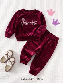 Cozy Pixies 女嬰字母皇冠刺繡天鵝絨圓領長袖套頭衛衣與鬆緊腰長褲 2件/套 幼兒女童服飾，舒適百搭時尚日常可愛休閒極簡百搭風，秋冬，適合室內 - 紅色 - 查看 3