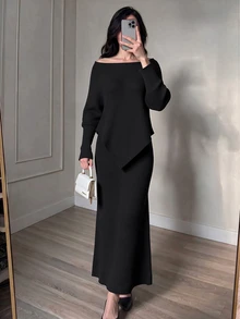 Modelyn Women's Asymmetrical Hem Sweater And Long Skirt 2 Pieces Set - Black - View 1