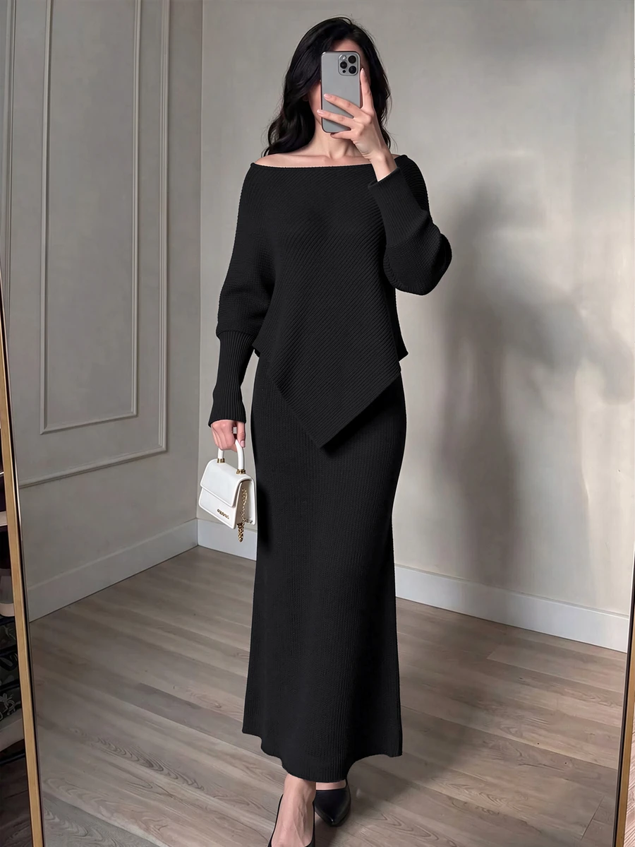 Modelyn Women's Asymmetrical Hem Sweater And Long Skirt 2 Pieces Set - Black - View 1