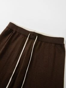 SHEIN Franclia Women Contrast Trim V Neck Knit Cardigan & Drawstring Wide Leg Pants 2 Pieces Outfit - Brown - View 6