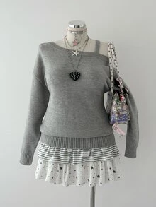 Sunspun Plus Size Women's Pure Desire Cute Style Solid Gray Asymmetrical Off-Shoulder Cami Knit Sweater Pullover, Suitable For Spring/Autumn/Winter/Daily Commute/Home/Outdoor/Travel/Vacation/Date Outfits - Grey - View 4